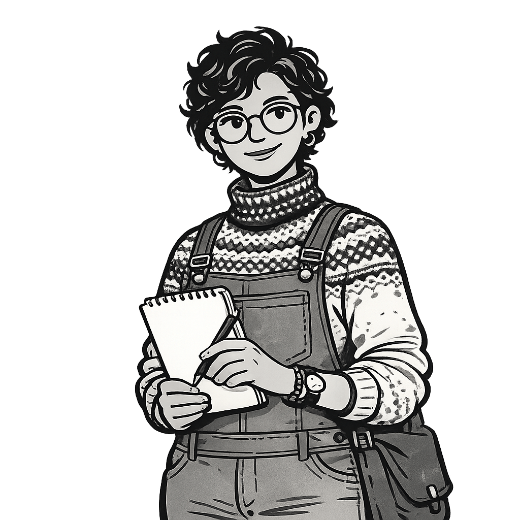 Illustrated portrait of a Business Analyst — curly-haired person in overalls with glasses, holding a notepad
