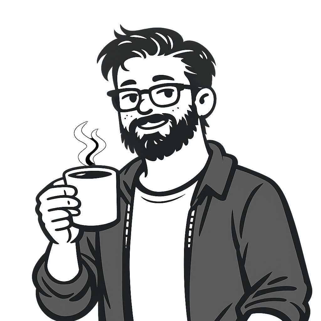 Illustrated portrait of a Business Analyst — bearded man with glasses holding a steaming cup of coffee