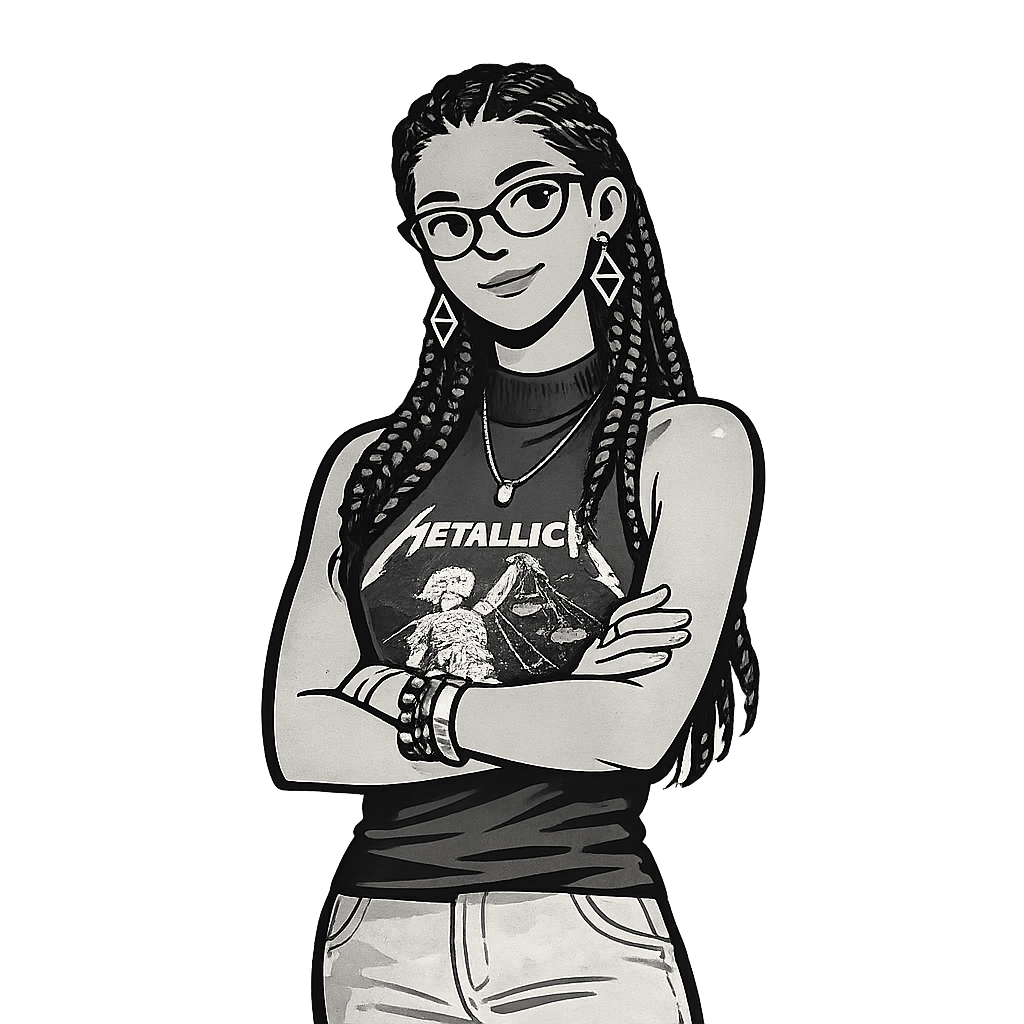 Illustrated portrait of a Business Analyst — woman with long braids and glasses, arms crossed, wearing a band tee