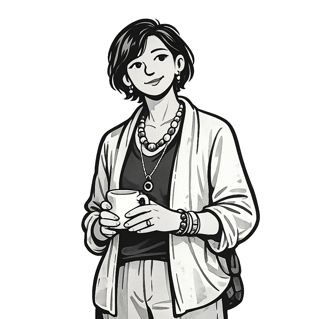 Illustrated portrait of a Product Owner — woman with shoulder-length hair in a cardigan, holding a mug, satchel on her shoulder