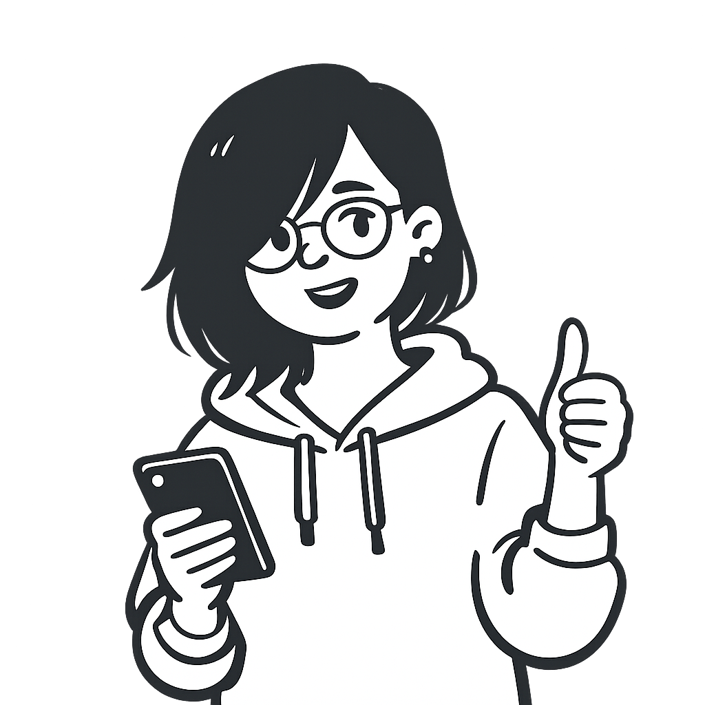 Illustrated portrait of the Product Owner — young woman with glasses, hoodie, holding a phone, thumbs up