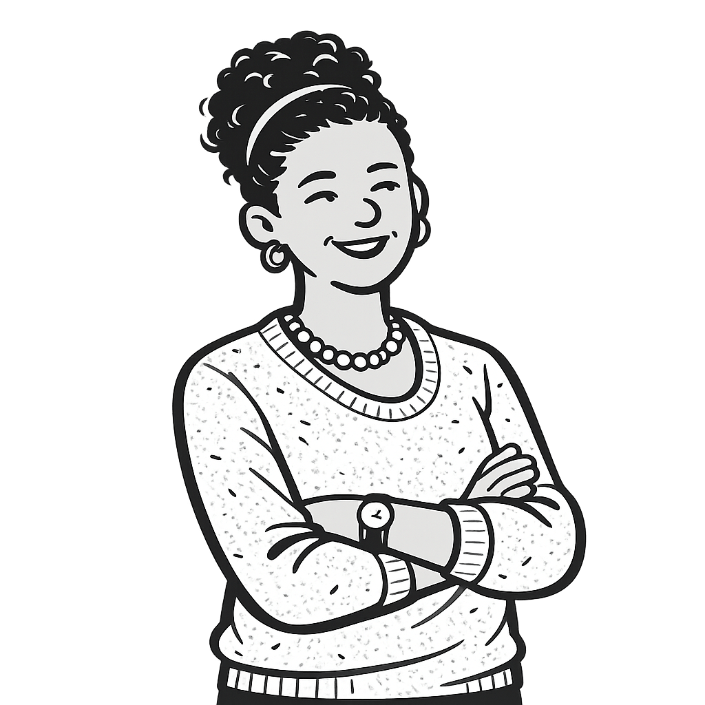 Illustrated portrait of the Senior Manager — woman with curly hair in a blazer, arms crossed
